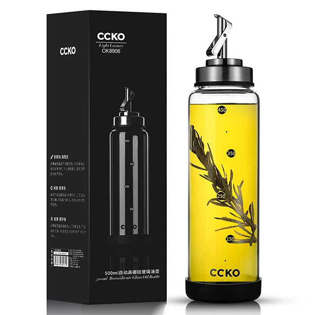Glass Olive Oil Dispenser Bottle Shatterproof and Leakproof Oil Dispenser with Stainless Steel Spouts High Temperature Resistant 17oz Cooking Oil and Vinegar Cruet Dispenser Bottle