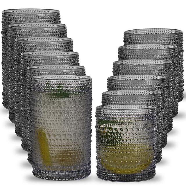 Moretoes Hobnail Drinking Glasses Set of 12, 12 Oz Highball Glasses & 10 Oz Cocktail Glasses, Gray Embossed Boho Glass Cups Kitchen Bar Tumbler Glassware Set for Whiskey, Beer, Juice, Milk