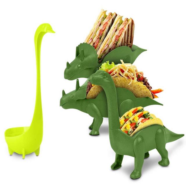 Dinosaur Taco Holder Set by East World - Tacosaur Tribe with BrontoSpoon Ladle - 3x Dino Stands for 6x Jurassic Tacos! Triceratops Taco Stand Holder, Taco Truck or Kids Plastic Novelty Taco Plates