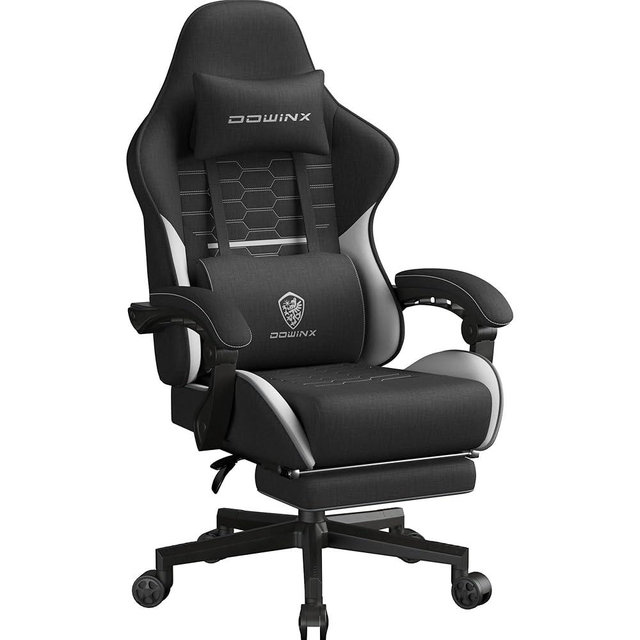 Dowinx Gaming Chair Fabric Big and Tall with Pocket Spring Cushion, Massage Game Chair Cloth with Headrest, Ergonomic Computer Chair with Footrest 350LBS, Black White