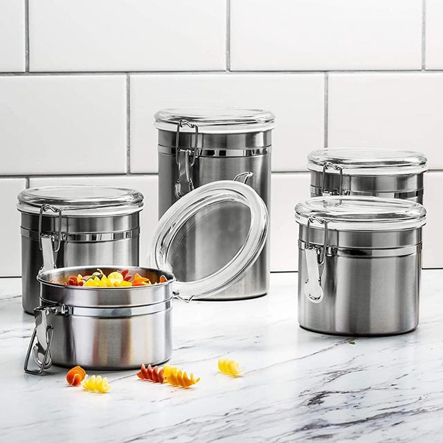 Beautiful 5-Piece Stainless Steel Airtight Canister Set, Food Storage Container & Caddy for Kitchen Counter, Tea, Sugar, Coffee, Candy, Flour Canister with Clear Acrylic Lid n' Locking Clamp