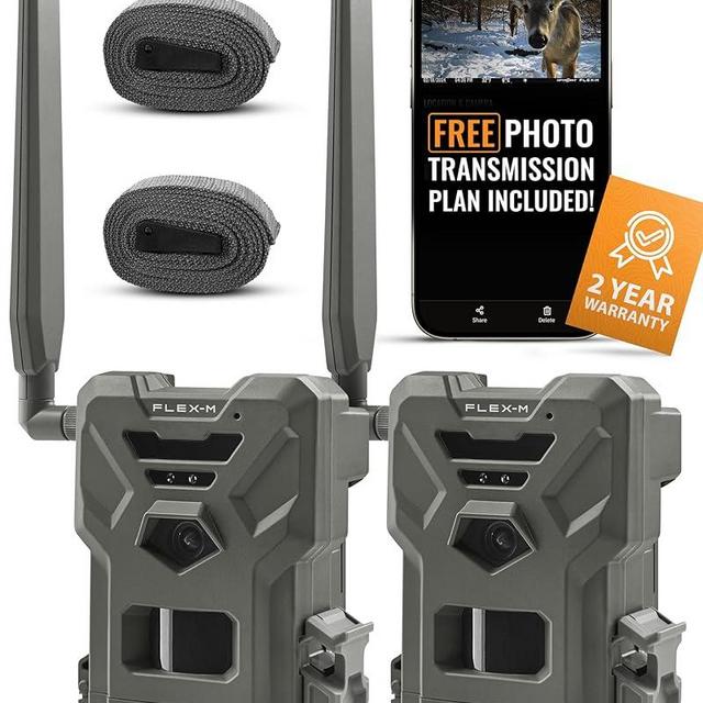 SPYPOINT FLEX-M Twin Pack Cellular Trail Cameras - Best Value in Hunting Accessories, No WiFi Needed, GPS, Night Vision, Dual-Sim LTE, IP65 Water-Resistant, 28MP Photos, 720p Videos + Sound (2)