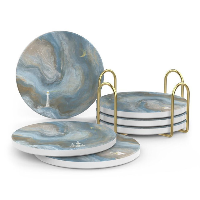 UMIRRO Coasters for Drinks Absorbent with Holder | Cool Table Mats in Ocean Blue for Cups, Glasses, Desk, Office and Home | Cute Ceramic Stoneware Coaster Set