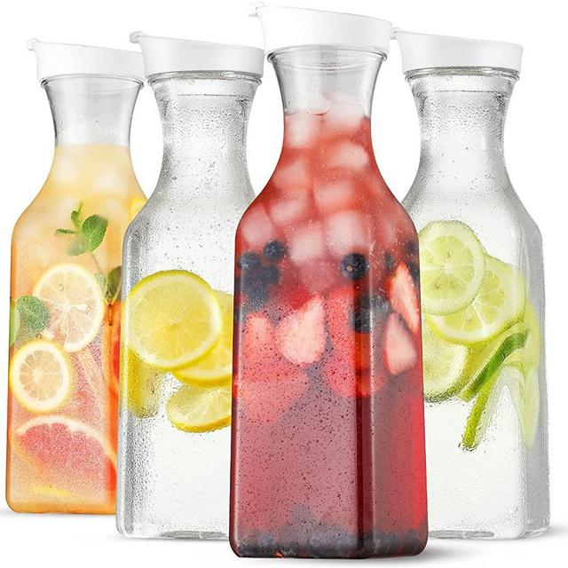 NETANY 4 Pack Large 50 Oz Water Carafe with Flip Top Lid, Square Base Juice Containers, Clear Plastic Pitcher - for Water, Iced Tea, Juice, Beverage, Lemonade, Milk, Cold Brew and Mimosa Bar