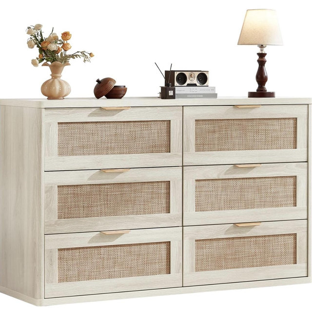 LEYAOYAO Rattan Dresser for Bedroom Set of 2, Boho 48" Wide White Dresser Chest of Drawers, Dressers TV Stand with Metal Handle, Storage Dressers Closet Organizer for Living Room, Hallway