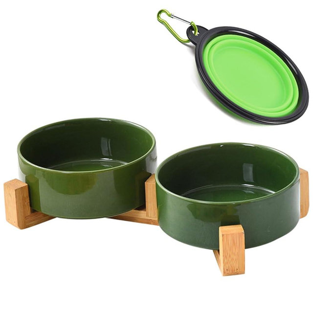 Petygooing Ceramic Dog Cat Bowl Set with Stand, Pet Food and Water Dishes,Medium Pet Bowl Anti -Slip Set of 2 Cat Dish-Pet Food Bowls Small Medium Size Dog (28OZ/6.1 in) Rust Green