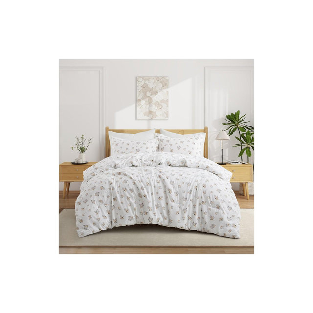 Peace Nest Floral Printed Comforter Set with Pillowcases, Bedding Set for All Season, White, King