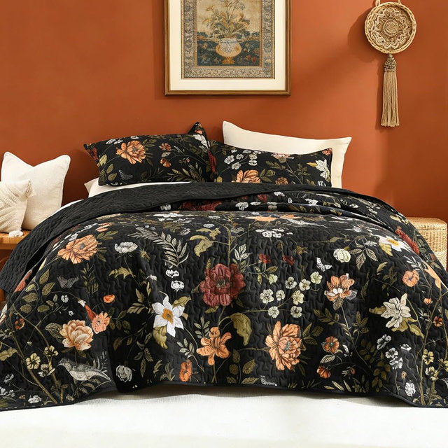 Litanika Floral Black Quilt King Size - 3 Pieces Botanical Birds Pattern Quilt Bedding, Lightweight Soft Coverlet for All Seasons (106"x96")