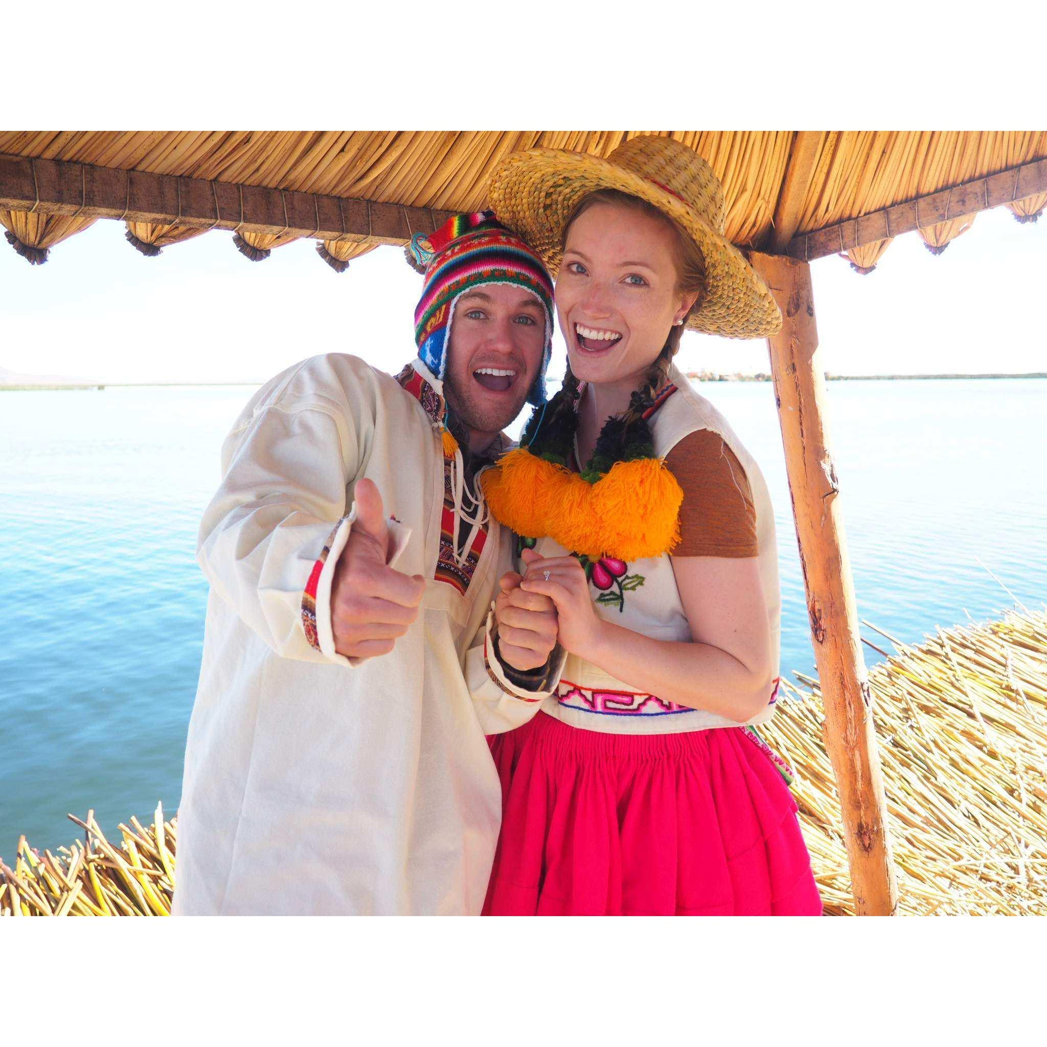 Traditional Peruvian clothing worn on the Uros Islands of Lake Titicaca. Women wear pom-poms in their hair to display their relationship status. Colored pom-poms mean single... but not for long!