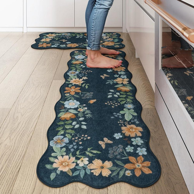 LEEVAN Kitchen Rug Set of 2, Washable Kitchen Mat for Floor Non Slip, Spring Floral Kitchen Runner Rug, Soft Standing Mats Low-Profile Absorbent Laundry Mat Office Mat(Navy Blue, 24''x36''+24''x51'')