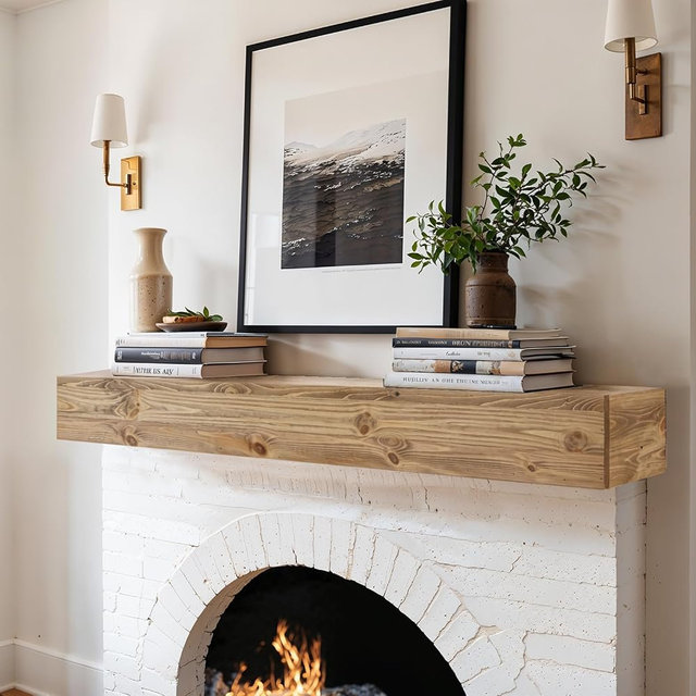 LXWZHK Fireplace Mantel Shelf, 72x8x5 Wooden Floating Shelf Over the Fireplace, Wall-Mounted Mantel Shelves, Rustic Floating Mantels Shelves, Oak Color