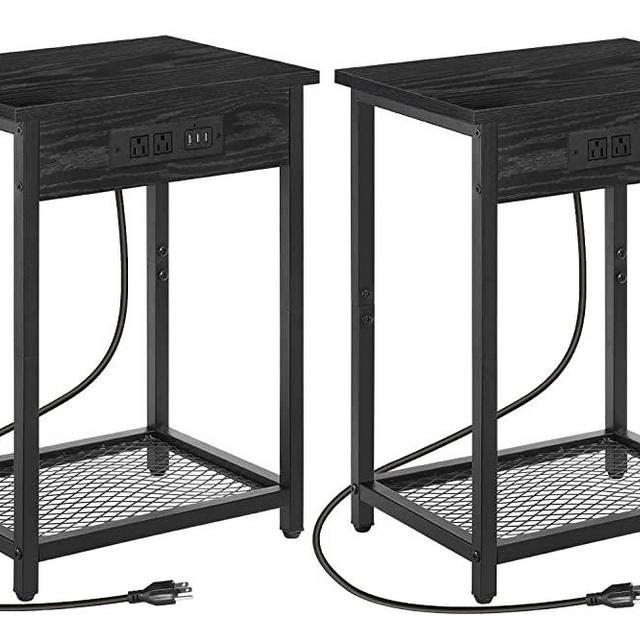 melos Nightstands Set of 2 with Charging Station, 2 Tier Bedside Table with USB Ports and Outlets, Narrow End Table with Storage Shelf, Side Tables for Bedroom, Living Room, Black