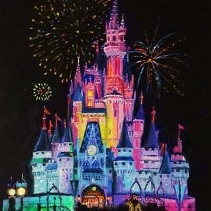 Wishes. Disney Magic, Fireworks in the Sky at Cinderella Castle. A wrapped canvas from the original painting By Artist, Roseann Madia