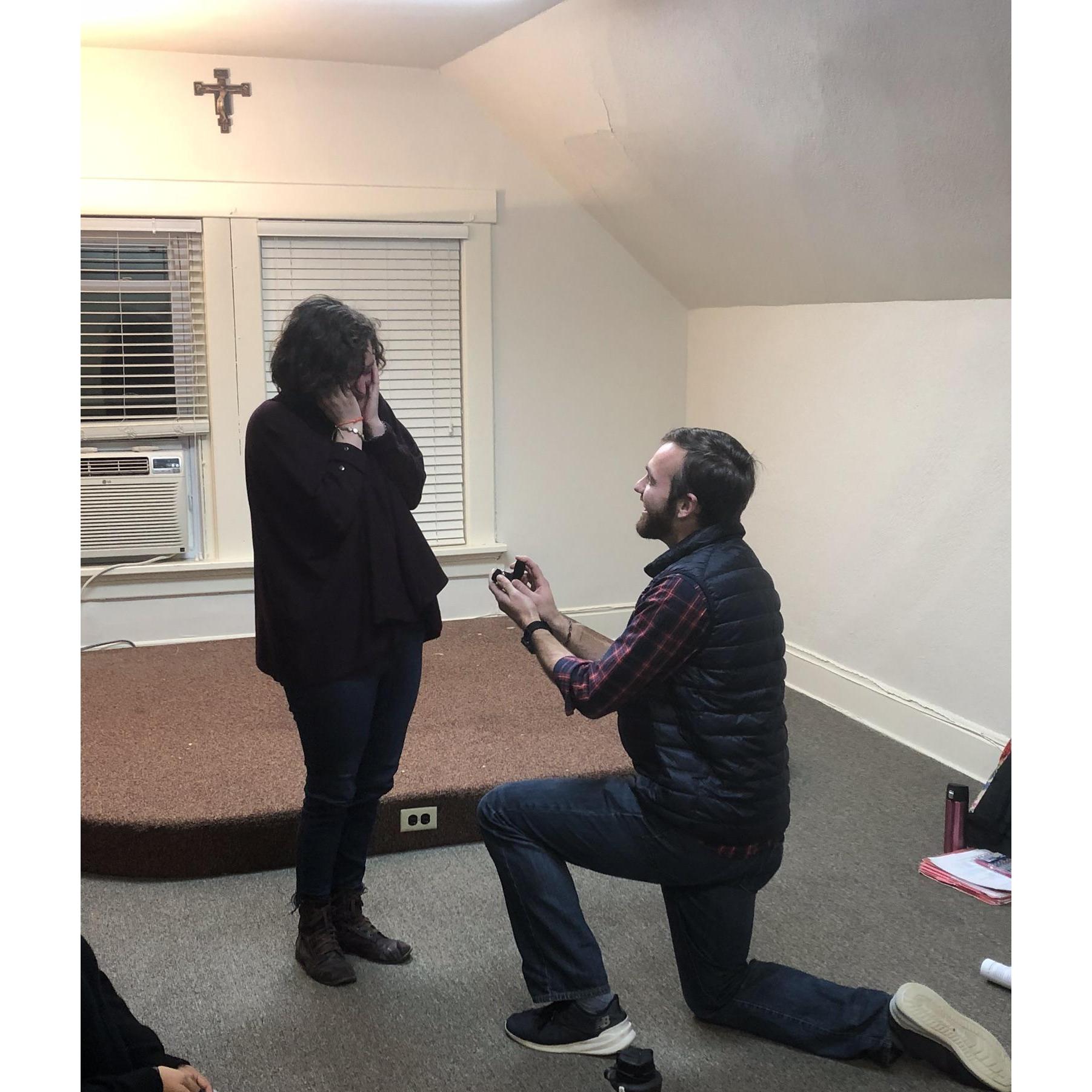 On October 31st, after a night of reflection and prayer with some of Zachary and Maya's closest friends, Zachary made an announcement after the closing prayer that ended with him down on one knee!