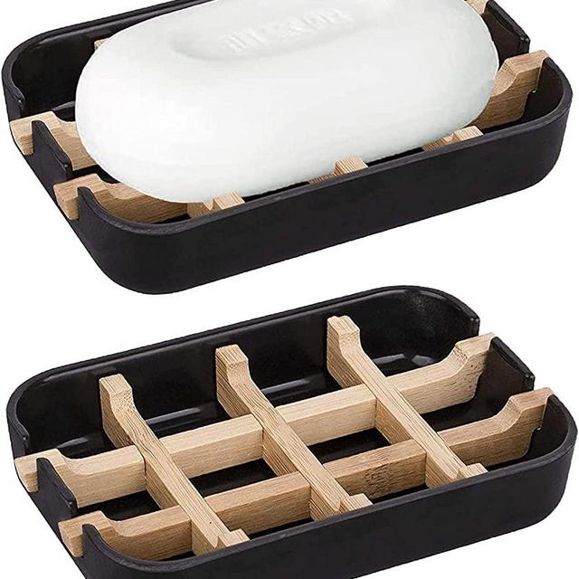 Aoheuo Modern Bamboo Fiber soap Holder and soap Dish Combination (Removable), Black, 5.12 Long by 3 Wide, 0.98 inches high, Used in Kitchens, bathrooms, and bar Sinks