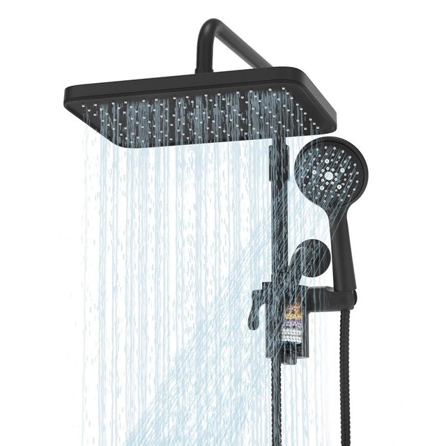 Filtered Shower Head with Handheld Spray Combo,12 inch High Pressure Rainfall Shower Head with Adjustable Slide Bar,Dual Rainfall Showerhead,Bathroom Accessories,Black