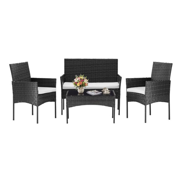 DUMOS 4 Piece Patio Furniture Set, All-Weather Outdoor Wicker Conversation Set with Removable Cushions & Tempered Glass Coffee Table, for Porch, Balcony, Lawn, Backyard Black