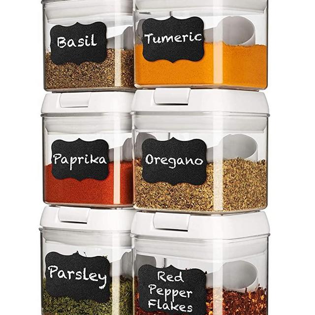 Shazo Airtight 6 Pc Mini Container Set + 6 Spoons, Labels & Marker - Durable Clear Plastic Food Storage Containers with Lids - Kitchen Cabinet Pantry Containers for Spices, Herbs, Coffee, Tea etc