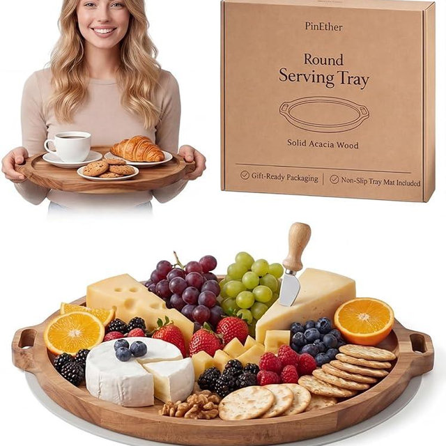 13 Inch Acacia Wood Round Serving Tray with Handles and Non-Slip Pads, Decorative Ottoman Tray with Natural Grain, Round Charcuterie Board for Coffee Table, Party and Kitchen Counter