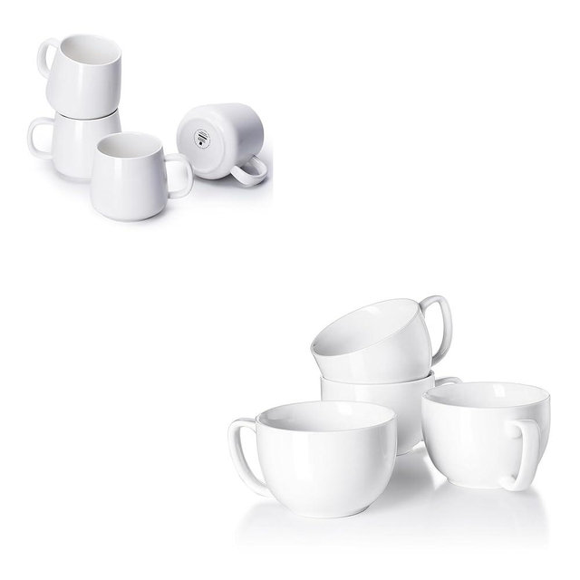 Teocera Porcelain 8 Pack White Mugs - 12 Ounce Coffee Mugs Set of 4 and 16 Ounce Jumbo Mug Set of 4