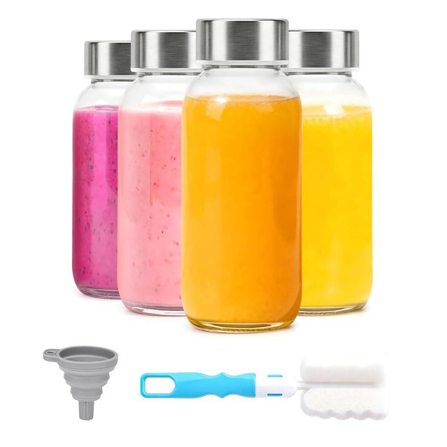 Luxfuel 8 oz Glass Water Bottles with Lids, 4 Pack Small Glass Juice Bottles with Stainless Steel Caps & Funnel, Leak-Proof Containers for Juicing, Milk, Ginger Shots, Smoothies, Wellness Drinks