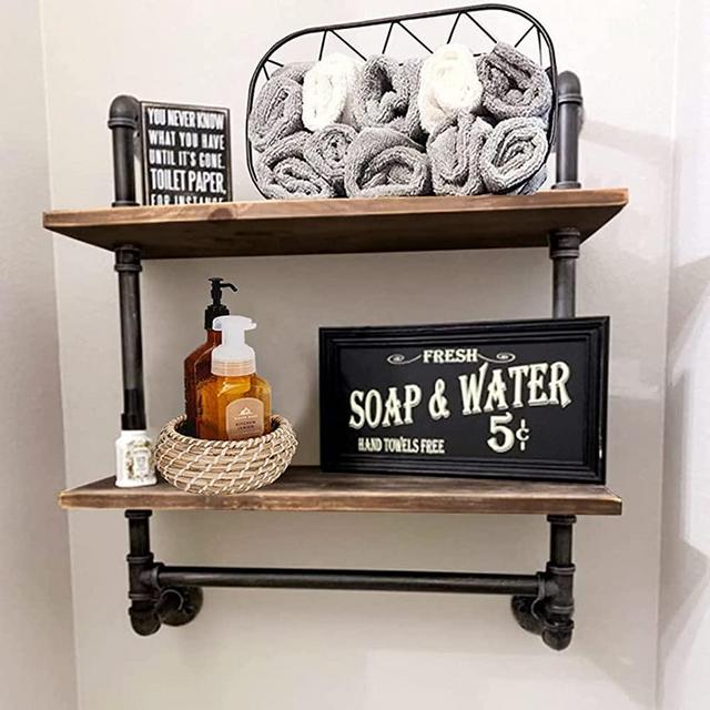 Rustic Bathroom Shelves Towel Rack Industrial Pipe Wall Shelf for Bathroom,2-Tiers Wall Mounted Floating Shelves Towel Storage Shelf