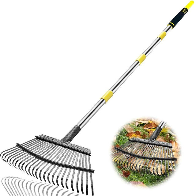 Coopvivi Rake Heavy Duty 6FT Long Garden Rakes , 18.5 Inch Wide Leaf Rake for Lawns, 25 Metal Tines, Adjustable Stainless Steel Handle for Leaves, Yards, Grass, Garbage, Weeds, Debris (Yellow)
