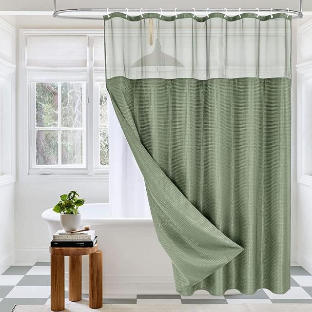MitoVilla Green Waffle Shower Curtain Set with Snap-in Liner, Modern Sage Green Waffle Weave Fabric Shower Curtain for Luxury Neutral Hotel & Spa Bathroom Decor, 72 x 72