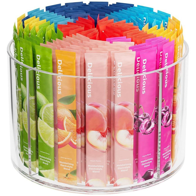 Divided Drink Packet Organizer, Rotating Turntable Organizer, Clear Lazy Susan for Powdered Drink Mix, Water Drink Packet Holder