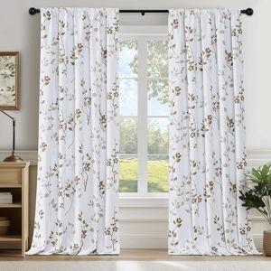 Beauoop Floral 100% Blackout Curtains 84 Inches Long 2 Panels for Bedroom Living Room Tan Brown and White Flower Patterned Room Darkening Thermal Soundproof Rod Pocket Back Tab Window Drapes, 52X84