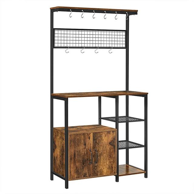 VASAGLE Baker’s Rack, Coffee Station, Microwave Oven Stand, Kitchen Utility Storage Shelf with Cupboard, Open Shelves, Grid Panel, 10 Hooks, Industrial Style, Rustic Brown and Black UKKS020B01
