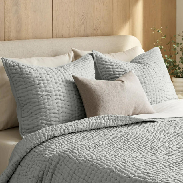 European Linen Cotton Stitch Quilt Set - Mist, Full/Queen