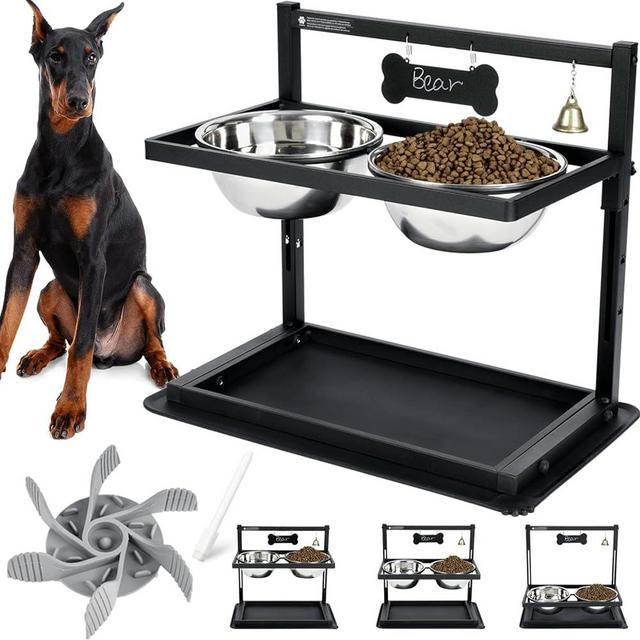 Elevated Dog Bowls with Slow Feeder,Raised Dog Bowl Stand for Large Dogs Adjustable Height with Two 1700ML Stainless Steel Dog Food Bowls Spill Proof Mat, Dog Feeder for Large Dogs and Medium Dogs.
