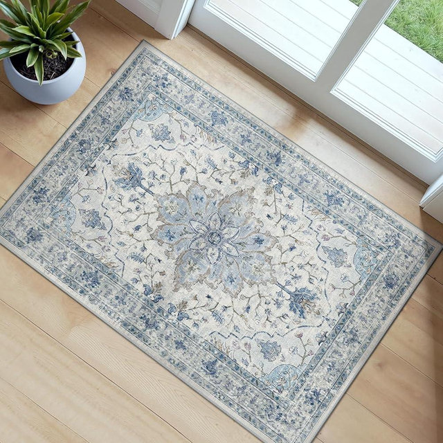 RELEANY Area Rugs 2'x3' Kitchen Rugs Entry Rug Small Rugs for Entryway Kitchen Bathroom Door Mat Indoor Entrance,Washable Non Slip, Light Blue Navy Beige Gray White