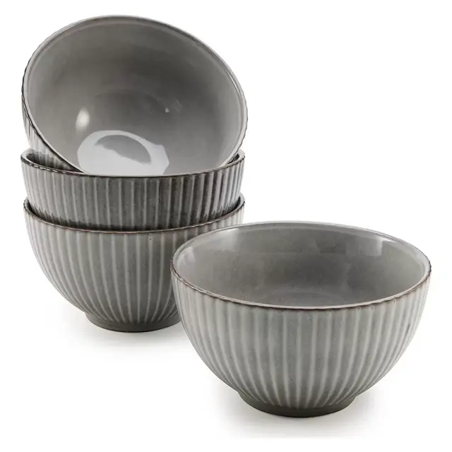 American Atelier Fluted Cereal Bowls, Stoneware Soup Bowls Set for Kitchen 22-Ounce Pasta, Ramen, Salad Bowl Set, Reusable, Set of 4,Gray