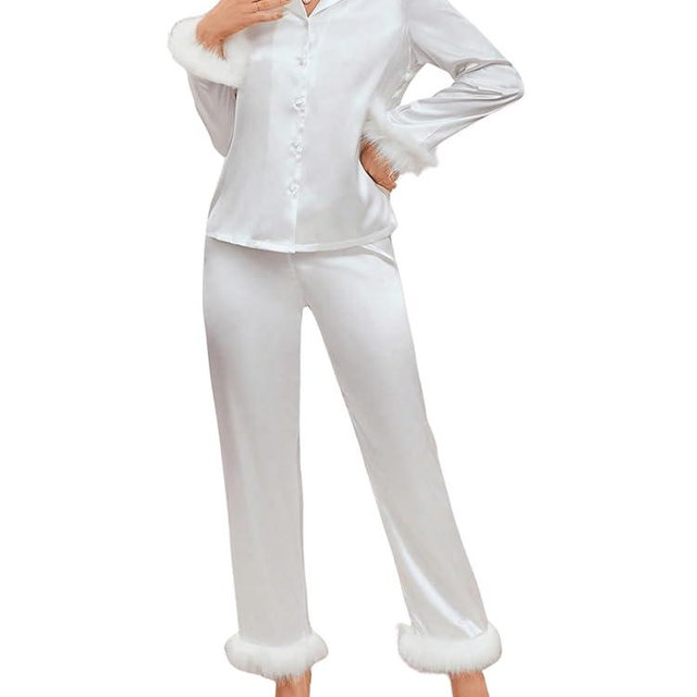 Verdusa Women's Fuzzy Fur Trim Satin Pajama Set Button Down Long Sleeve Shirt with Pants