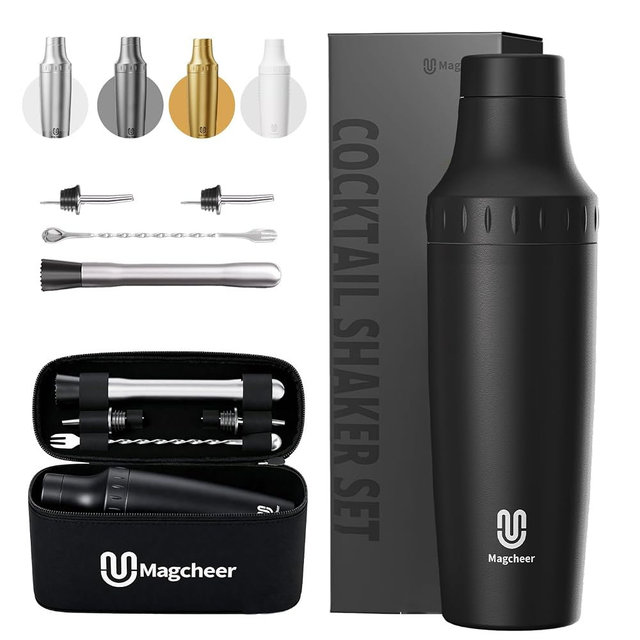 Magcheer Hybrid Cocktail Shaker Set | Vacuum Insulated Stainless Steel Martini Shaker with Strainer & Jigger Lid | Travel cocktail kit with Bartender Accessory Tools | 30oz | Black