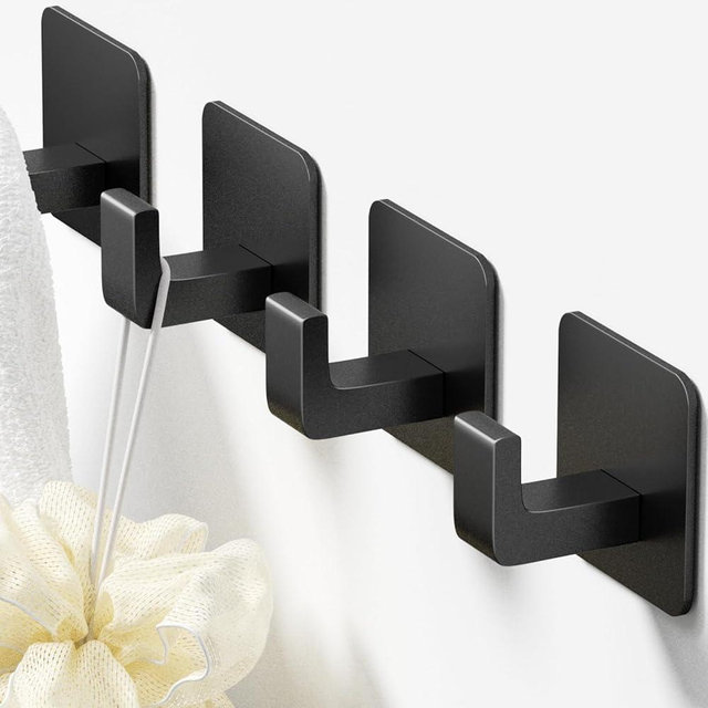 GWAAZXGZ Square Self Adhesive Towel Hooks - 4 Pack Matte Black Metal Hooks, Right-Angle Design for Towels, Robes & Hats, Organize Bathroom, Kitchen, Entryway, Doors, Cabinets on Smooth Surfaces