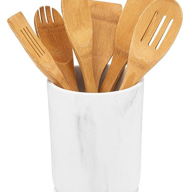 Essentra Home Matte White Marble Kitchen Utensil Holder for Counter Top, Utensil Crock