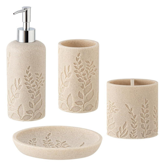 Haocoott Bathroom Accessories Set, 4 PCS Bathroom Accessory Sets with Soap Dispenser 13 OZ, Toothbrush Holder, Tumbler, Soap Dish, Bathroom Countertop Organizer, Sea Bathroom Decor (Leaf Beach)