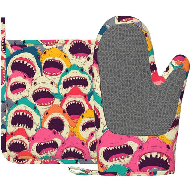 Colorful Shark Oven Mitts and Pot Holders Sets Angry Sharks Non-Slip Silicone Surface for BBQ Gloves,Kitchen,Cooking,Baking,Grilling