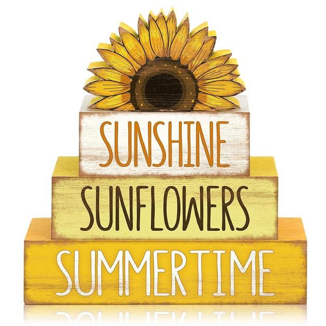Burbell 4 Pcs Summer Wooden Tiered Tray Decor Farmhouse Decorative Fake Book Decor Tiered Tray Decor Rustic Table Decor Books Stack Sign for Home Office (Sunflower Style)