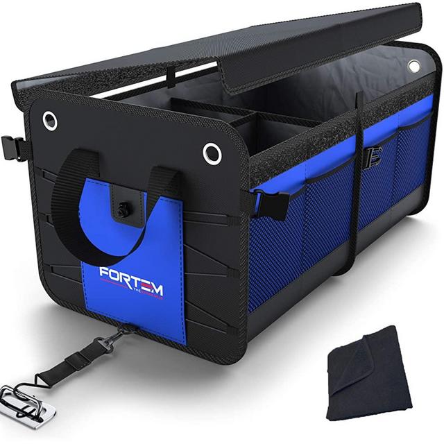 FORTEM Car Trunk Organizer, Foldable Cover, Non-Slip Waterproof Bottom, Straps, Cargo Storage (2 Compartments, Blue)