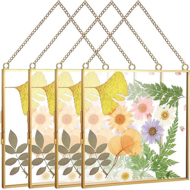 4 Pieces Double Glass Frame for Pressed Flower 6 x 6 Inch, Brass Hanging Glass Picture Frame Clear Square Floating Frames with Chains for Photo Display Handicraft or Other Small Flat Items, Gold