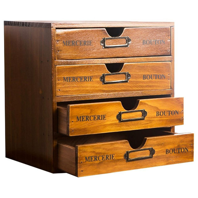 Vintage Aged Look Home Office Desk Organizer with 4 Drawers - Rustic Dresser - Wooden Storage Box Desktop Storage - Decorative Boxes with Lids for School & Office Supplies - Stackable Daily Storage