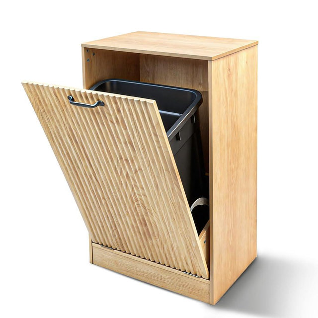 Moderock 13 Gallon Wooden Tilt Out Trash Cabinet Hidden Trash Can, Fluted Hidden Trash Can Cabinet, Farmhouse Wood Laundry Basket Cabinets for Bathroom, Kitchen, Natural Oak