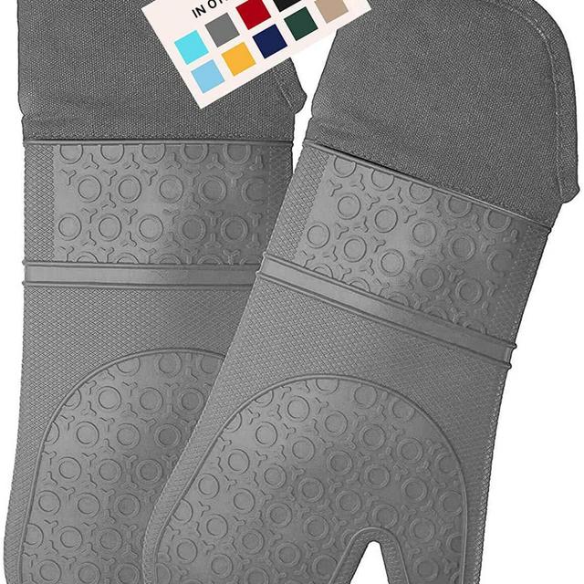 HOMWE Extra Long Professional Silicone Oven Mitt, Oven Mitts with Quilted Liner, Heat Resistant Pot Holders, Flexible Oven Gloves, Gray, 1 Pair, 14.7 Inch