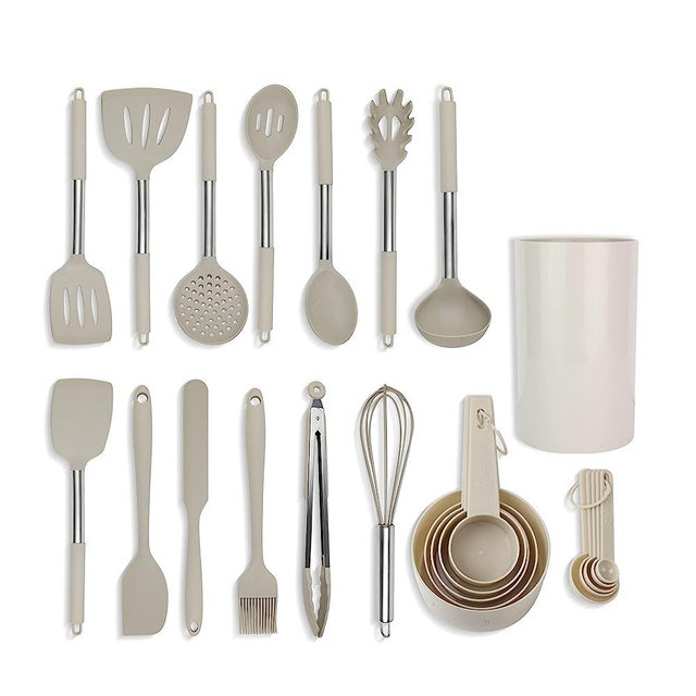 Culinary Couture 24-Piece Khaki Stainless Steel & Silicone Cooking Utensil Set, Heat-Resistant Cooking Utensils, Non-Scratching Kitchen Cooking Utensils, Includes a Bonus Recipe E-Book