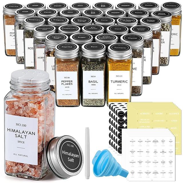 NETANY 36 Pcs Spice Jars with Labels - Glass Spice Jars with Shaker Lids, Minimalist Farmhouse Spice Labels, Collapsible Funnel, 4oz Seasoning Storage Bottles for Spice Rack, Cabinet, Drawer