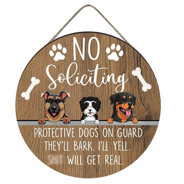 No Soliciting Sign for House Door - Rustic Farmhouse Yard Sign Decoration for Dog Owner - Funny No Bothering Warning Reminder Round Plaque for Front Yard